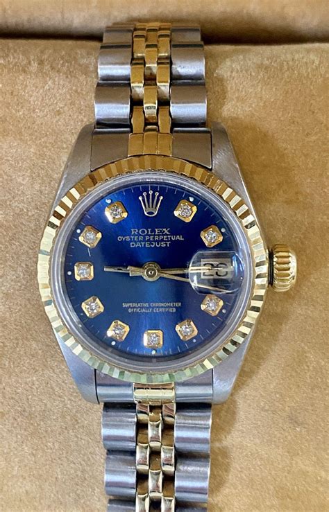 rolex oyster perpetual date blue with gold bevel|18k gold Rolex watch prices.